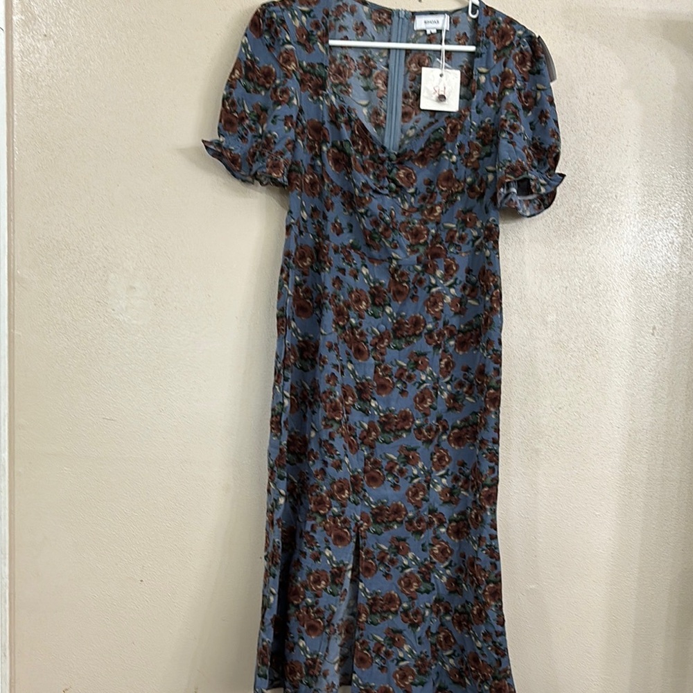 RIHOAS Brown and Orange V-Neck Puff Sleeve Sundress